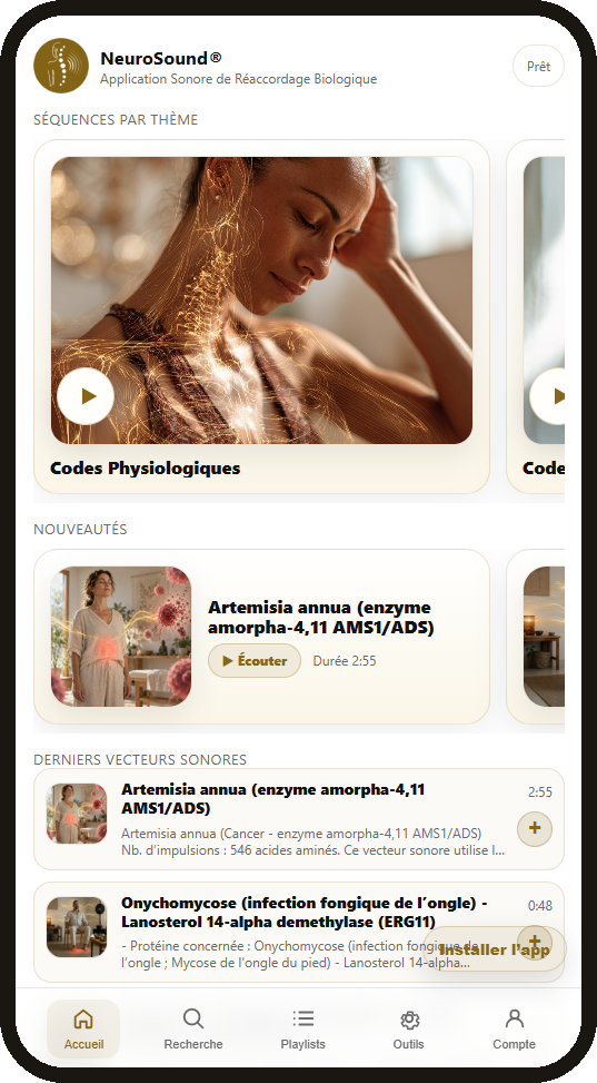 Home screen of the NeuroSound app: sequences by theme, new releases and the latest sound vectors.