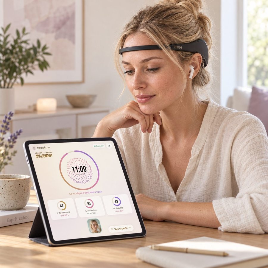 A woman wearing a Muse 2 headband follows her NeuroEcho session on a tablet: timer, sound sphere and calm scores.