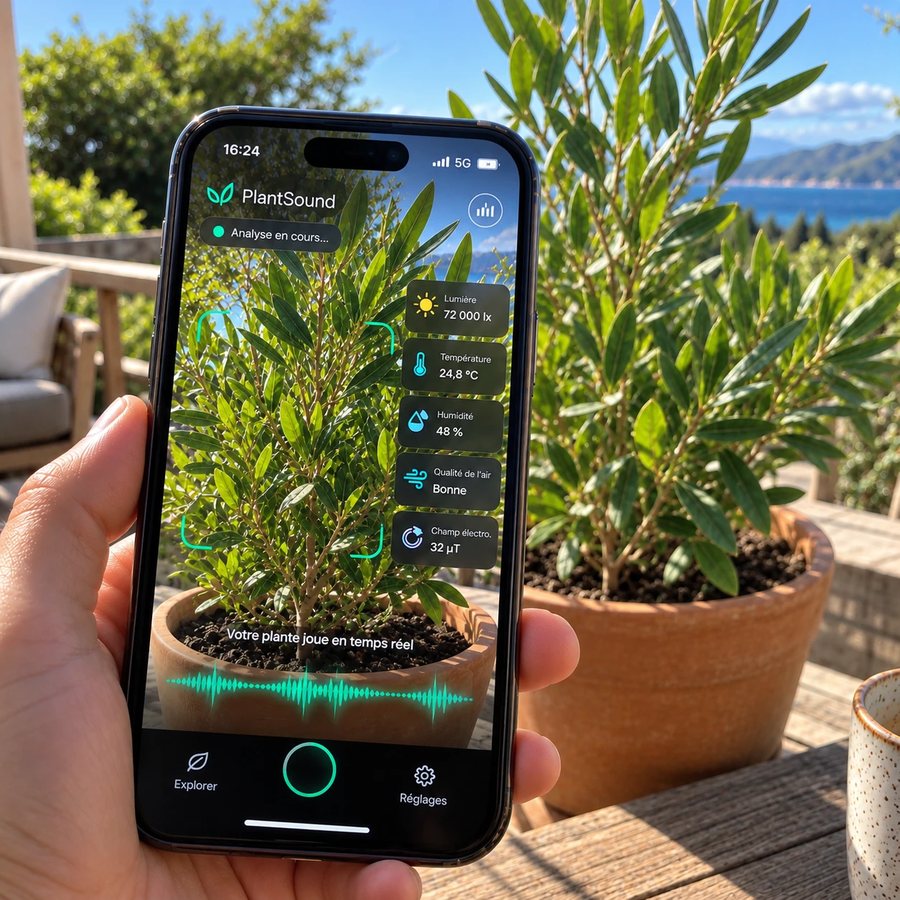 A phone films an olive tree on a sunny terrace: the PlantSound app analyses the plant and makes it play in real time.